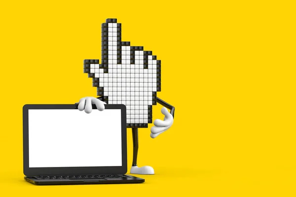 Pixel Ręczny Kursor Postać Maskotka Nowoczesnym Notebooka Laptopa Pusty Ekran — Zdjęcie stockowe