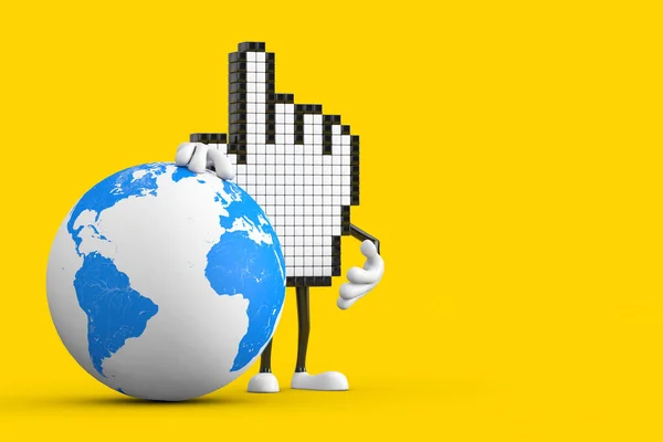 Pixel Hand Markör Mascot Person Karaktär Med Earth Globe Gul — Stockfoto