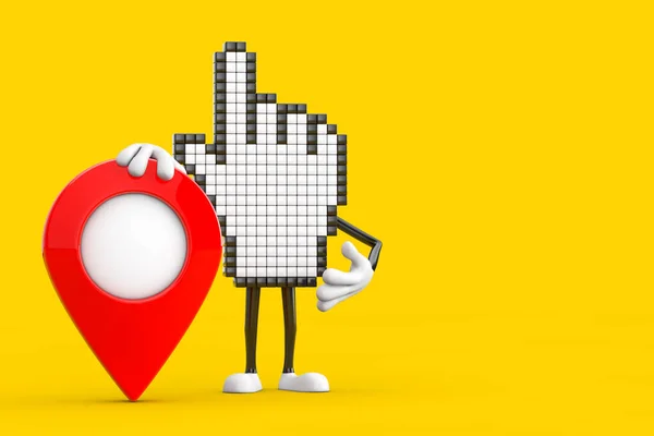 像素手标吉祥物人物字符与红色地图指针目标针黄色背景 3D渲染 — 图库照片