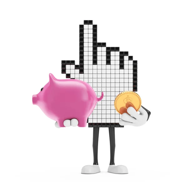 Pixel Hand Cursor Mascot Person Character Piggy Bank Golden Dollar — Stock Photo, Image