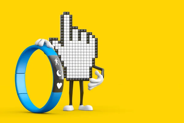 Pixel Hand Cursor Mascotte Persoon Karakter Met Blue Fitness Tracker — Stockfoto