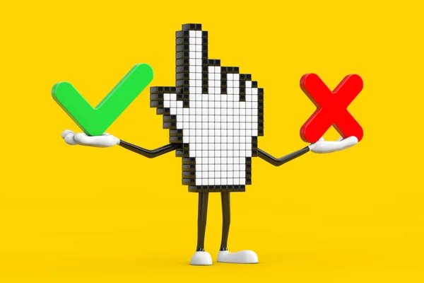 Pixel Hand Cursor Mascot Person Character Red Cross Green Check — 스톡 사진