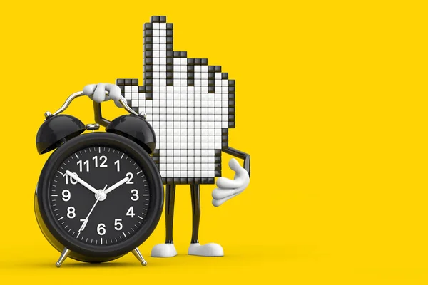 Personaje Mascota Del Cursor Mano Píxel Con Reloj Despertador Sobre — Foto de Stock