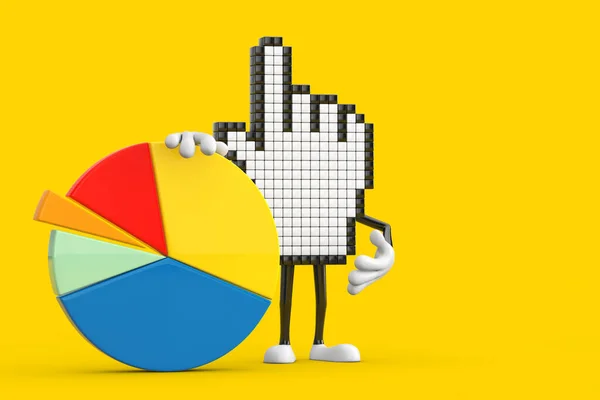 Pixel手鼠标吉祥物人物字符与信息图形业务饼图的黄色背景 3D渲染 — 图库照片