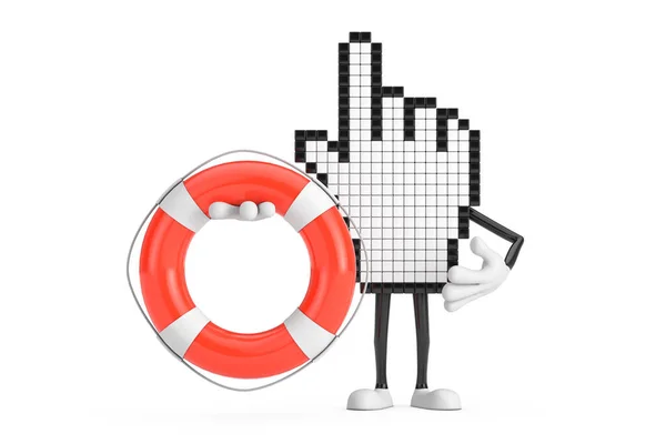 Pixel Hand Cursor Mascot Person Character Life Buoy White Background — Stock Photo, Image