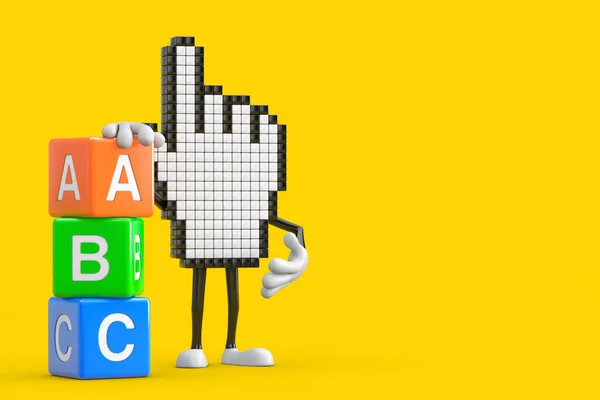 Pixel Hand Cursor Mascot Person Character with Alphabet ABC Education Cubes on a yellow background. 3d Rendering