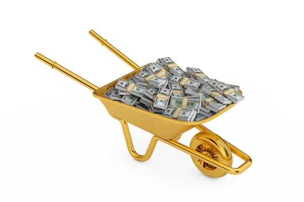 Pile Usd Money Golden Wheel Barrow White Background Rendering — Stock Photo, Image