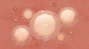 3 boyutlu kolajen kabarcık ve vitamin illüstrasyonu mavi arka planda izole edilmiş. Cilt bakımı kozmetik çözeltisi. 3d oluşturma