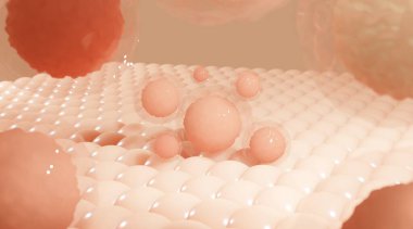 3 boyutlu kolajen kabarcık ve vitamin illüstrasyonu mavi arka planda izole edilmiş. Cilt bakımı kozmetik çözeltisi. 3d oluşturma