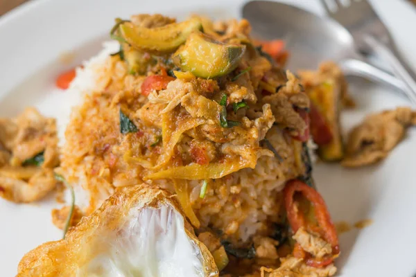 Stir Fried Pork Red Curry Paste Rice Fried Egg Local — Stock Photo, Image