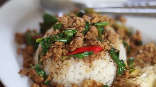 Close Stir Fried Minced Pork Basil Fried Egg Fish Sauce — Stock video