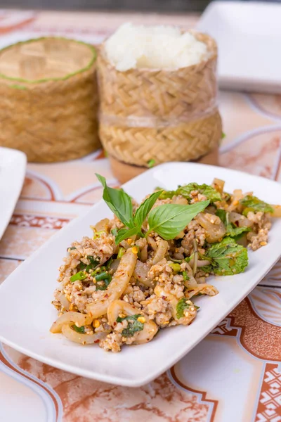 Most Favorite Northeast Thailand Food Spicy Minced Pork Salad Larb — Stock Photo, Image