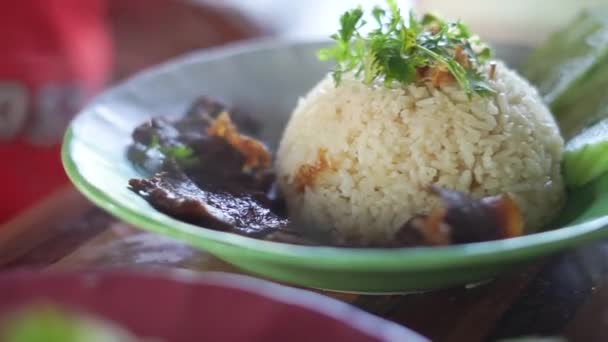水牛の肉とご飯 肉は煮込みご飯と一緒にトッピング — ストック動画