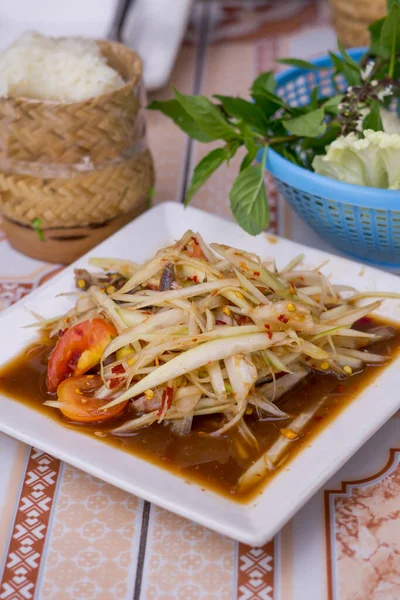 Ensalada Papaya Tailandesa Que Llamamos Somtum Tailandés Famoso Plato Local — Foto de Stock