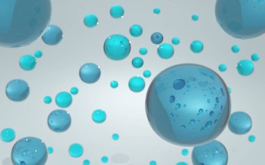 3 boyutlu kolajen kabarcık ve vitamin illüstrasyonu mavi arka planda izole edilmiş. Cilt bakımı kozmetik çözeltisi. 3d oluşturma