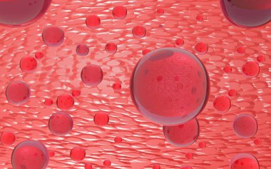 3 boyutlu kolajen kabarcık ve vitamin illüstrasyonu mavi arka planda izole edilmiş. Cilt bakımı kozmetik çözeltisi. 3d oluşturma