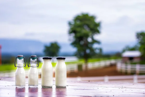 Bicchiere Bottiglia Latte Fresco Sul Tavolo Legno Con Prato Verde — Foto Stock