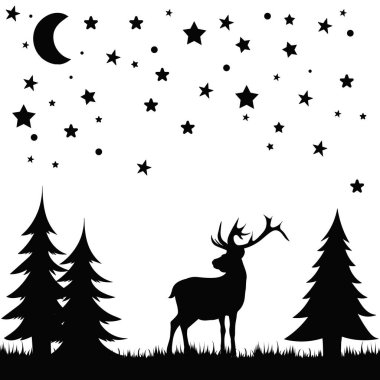 Ormanda boynuzlu siyah siluet geyik, izole edilmiş vektör.