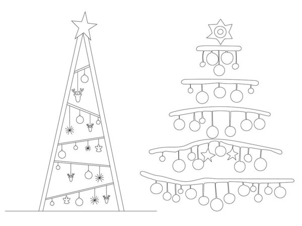 Christmas trees drawing by one continuous line, vector