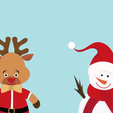 Kardan adam ve geyik portresi düz biçimde, beyaz arkaplanda, vektör