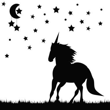 Tek boynuzlu atın silueti, beyaz arkaplanda, vektör