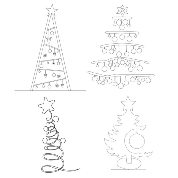 christmas trees drawing by one continuous line, vector