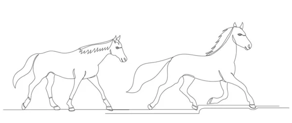 Running Horses Drawing One Continuous Line — Stock Vector