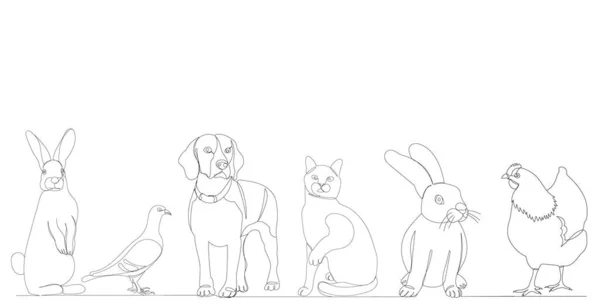 Tiere Hund Katze Huhn Kaninchen Eine Durchgehende Linienzeichnung Vektor — Stockvektor