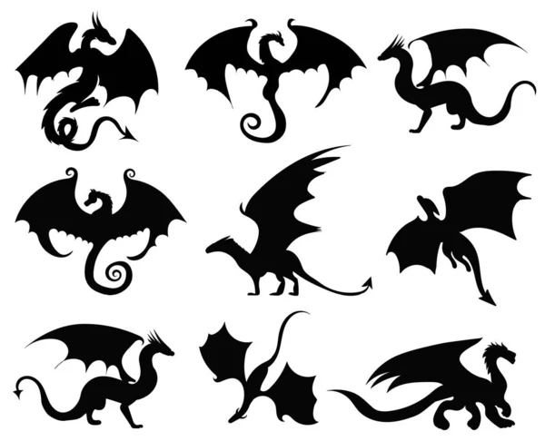 Negro Conjunto Silueta Dragones Vector Aislado — Vector de stock