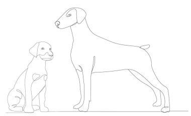 Köpek ve köpek yavrusu sürekli tek bir çizgi çiziyor, vektör, izole edilmiş.