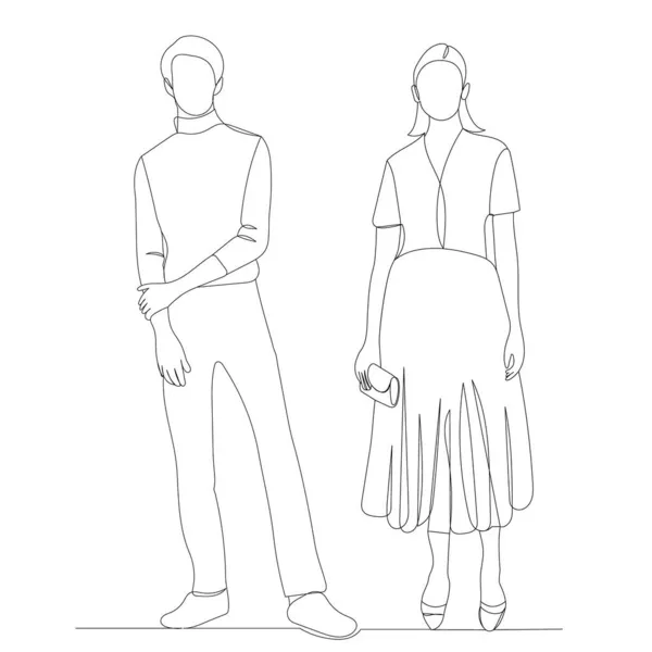 Mann Und Frau Zeichnen Einen Kontinuierlichen Linienvektor Isoliert — Stockvektor