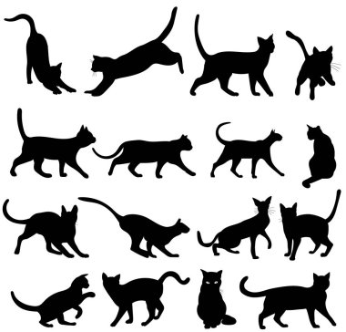 Bir grup kedi siyah siluet vektörü, izole edilmiş.