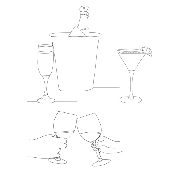 Vin Med Glas Kontinuerlig Linje Ritning — Stock vektor