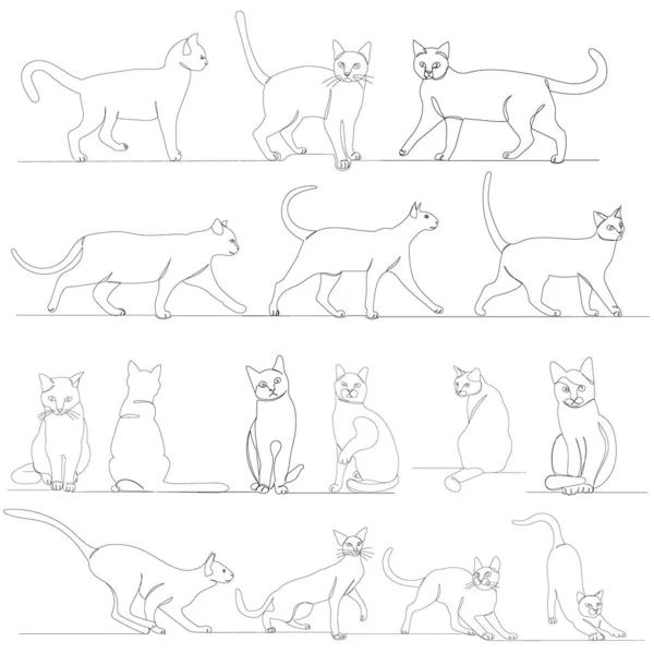 Gatos Conjunto Dibujo Por Una Línea Continua Vector Aislado — Archivo Imágenes Vectoriales