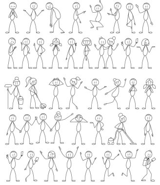 Çubuk figürü, beyaz arkaplanda insan vektörü kümesi, izole edilmiş, vektör