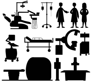 Siluet tıbbi x-ray makinesi, ultrason, tomografi, dişçilik, doktorlar vektör belirleme