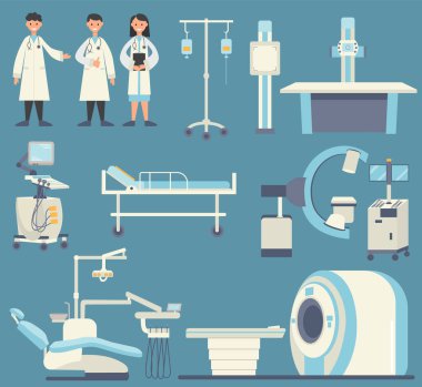 Tıbbi x-ray makinesi, ultrason, tomografi, dişçilik, doktorlar vektör belirledi