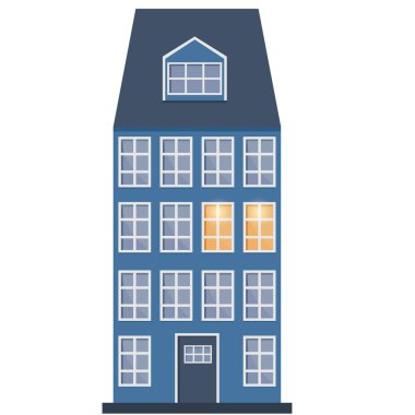 Mavi ev İskandinav tarzında, beyaz arka planda izole edilmiş.