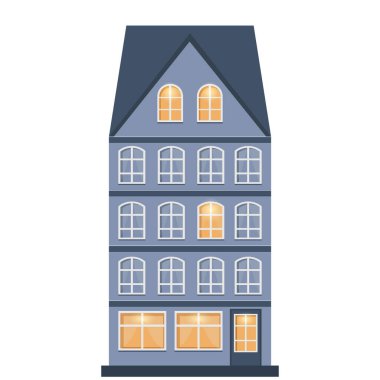 Mavi ev, İskandinav tarzında, beyaz arka plan izole edilmiş, vektör