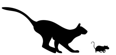 Beyaz arka planda bir kedi ve farenin silueti, izole edilmiş, vektör