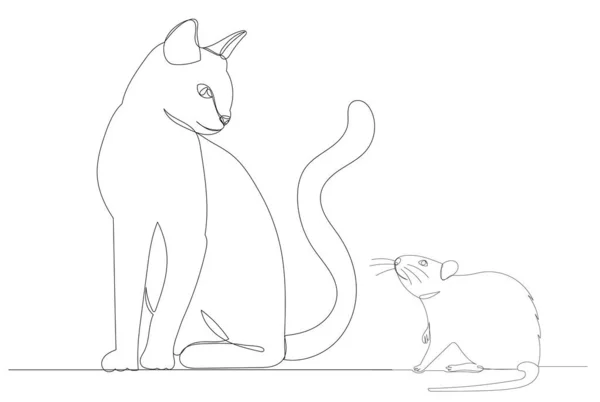 Gato Ratón Dibujo Por Una Línea Continua Boceto Vector — Archivo Imágenes Vectoriales