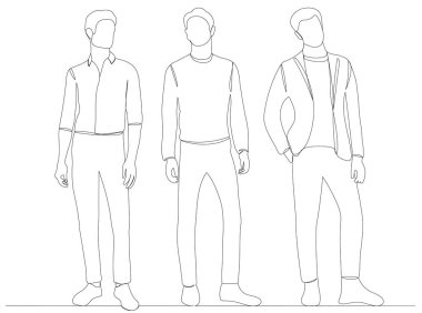 Erkekler dururlar, tek bir çizgi çizerler, çizim, vektör
