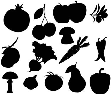Siluet sebzeler, meyveler izole edilmiş, vektör