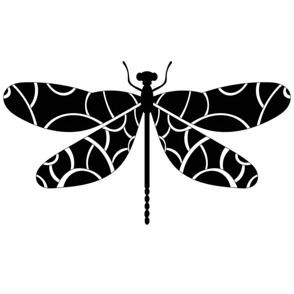 Black Silhouette Flying Dragonfly Doodle — стоковый вектор