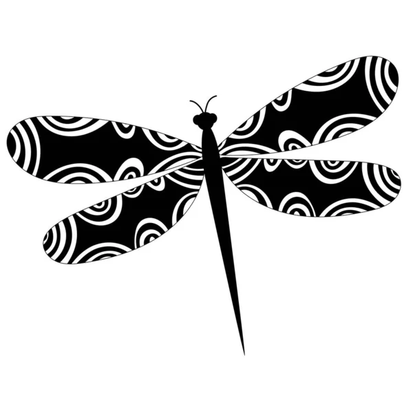 Black Silhouette Flying Dragonfly Doodle Vector — Stock Vector