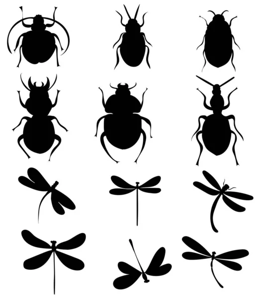Beetle Dragonfly Silhouette Insect White Background Vector Isolated — Stockový vektor