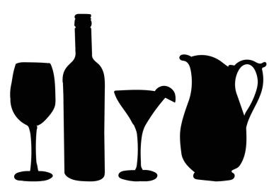 Gözlük ve şişe siyah siluet, izole edilmiş, vektör