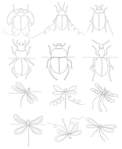 Dragonfly Beetle Sketch Drawing One Continuous Line Vector Isolated — Stockový vektor