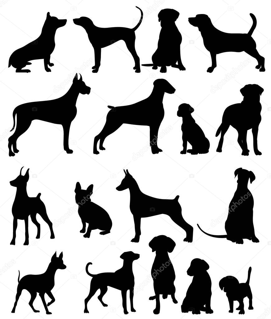 dog set black silhouette, isolated, vector