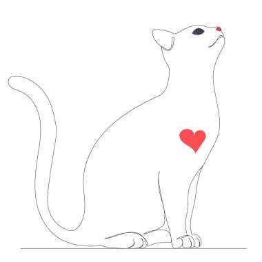 Kalbi olan kedi bir çizgi çekiyor, vektör, izole edilmiş.
